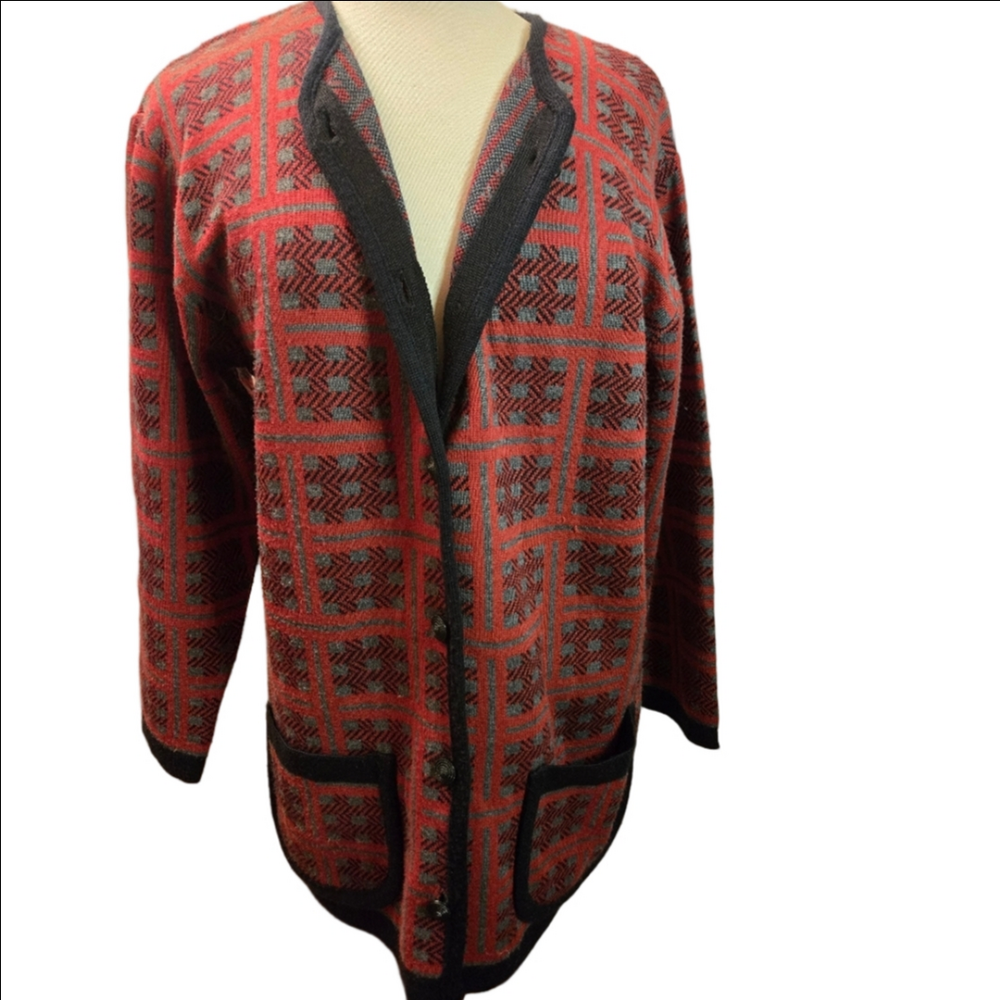 Vintage Italian Wool Blend Geometric Longline Cardigan Red Black 90s